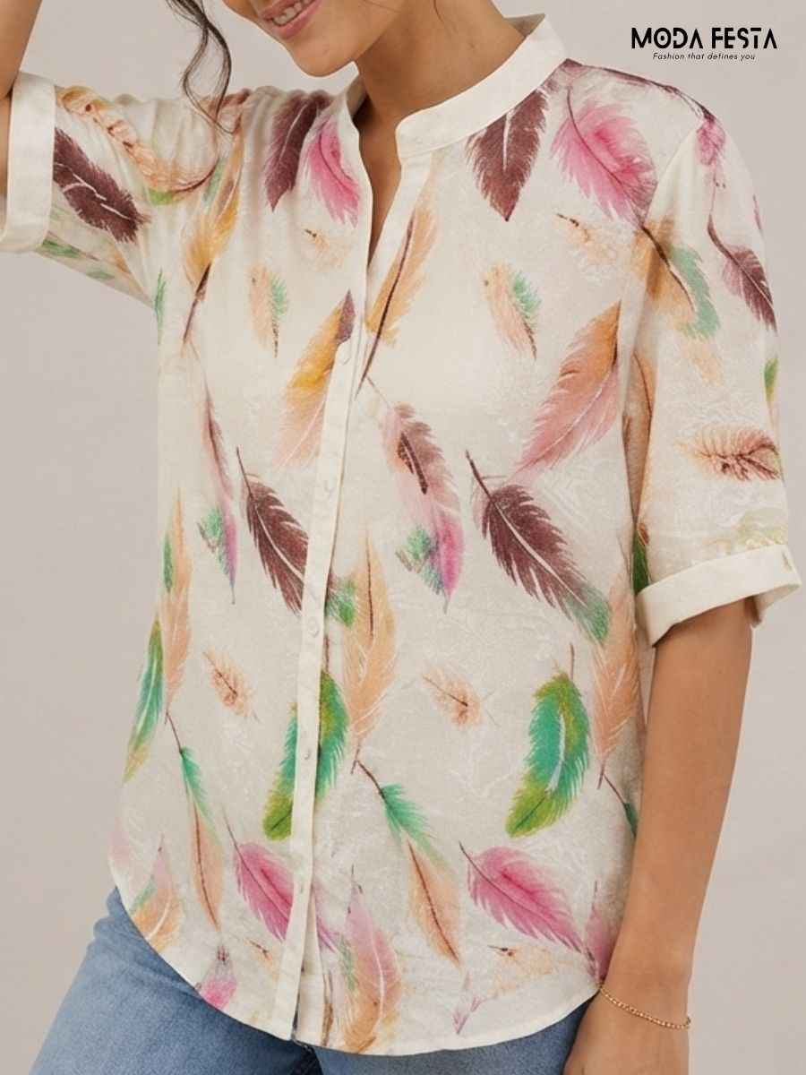 Ivory Multi Feather Print Short Sleeve Top