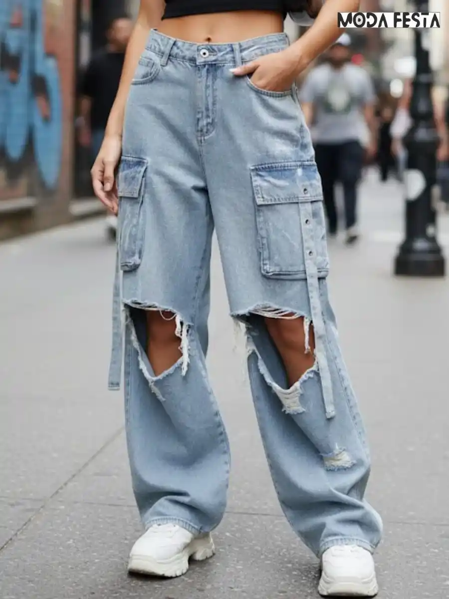 ModaFesta -elegant-silver-shine-cargo-denim-jeans-blue