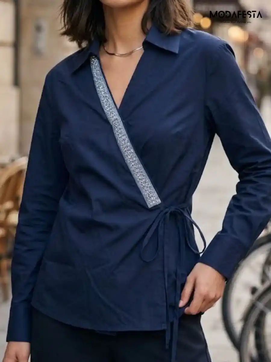 ModaFesta -elegant-v-neck-embellished-wrap-top-navy-blue