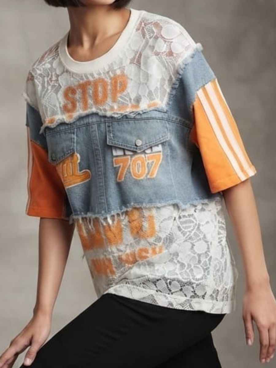 ModaFesta -yellow-white-patchwork-denim-lace-statement-top