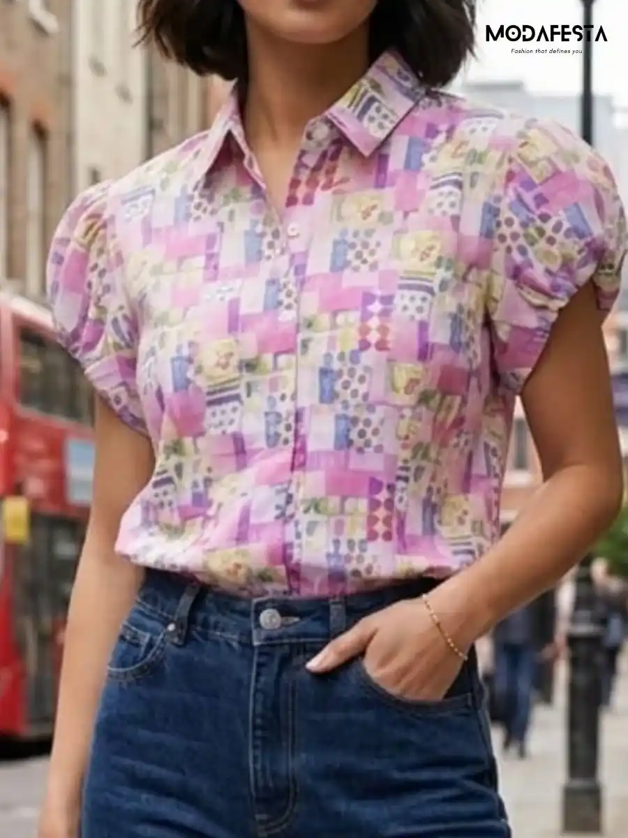 ModaFesta -elegant-puff-sleeve-hand-drawn-print-shirt-pink
