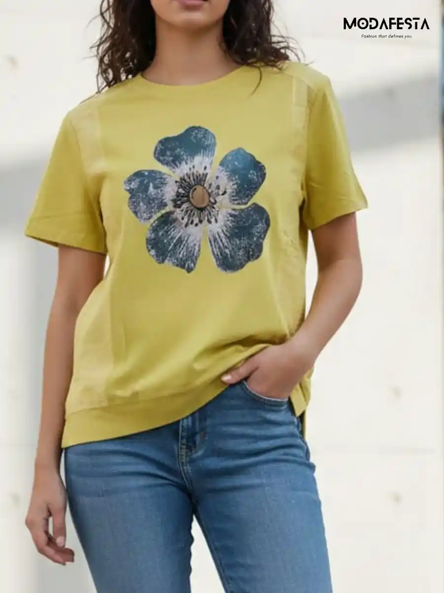 ModaFesta -elegant-big-flower-graphic-print-t-shirt-yellow