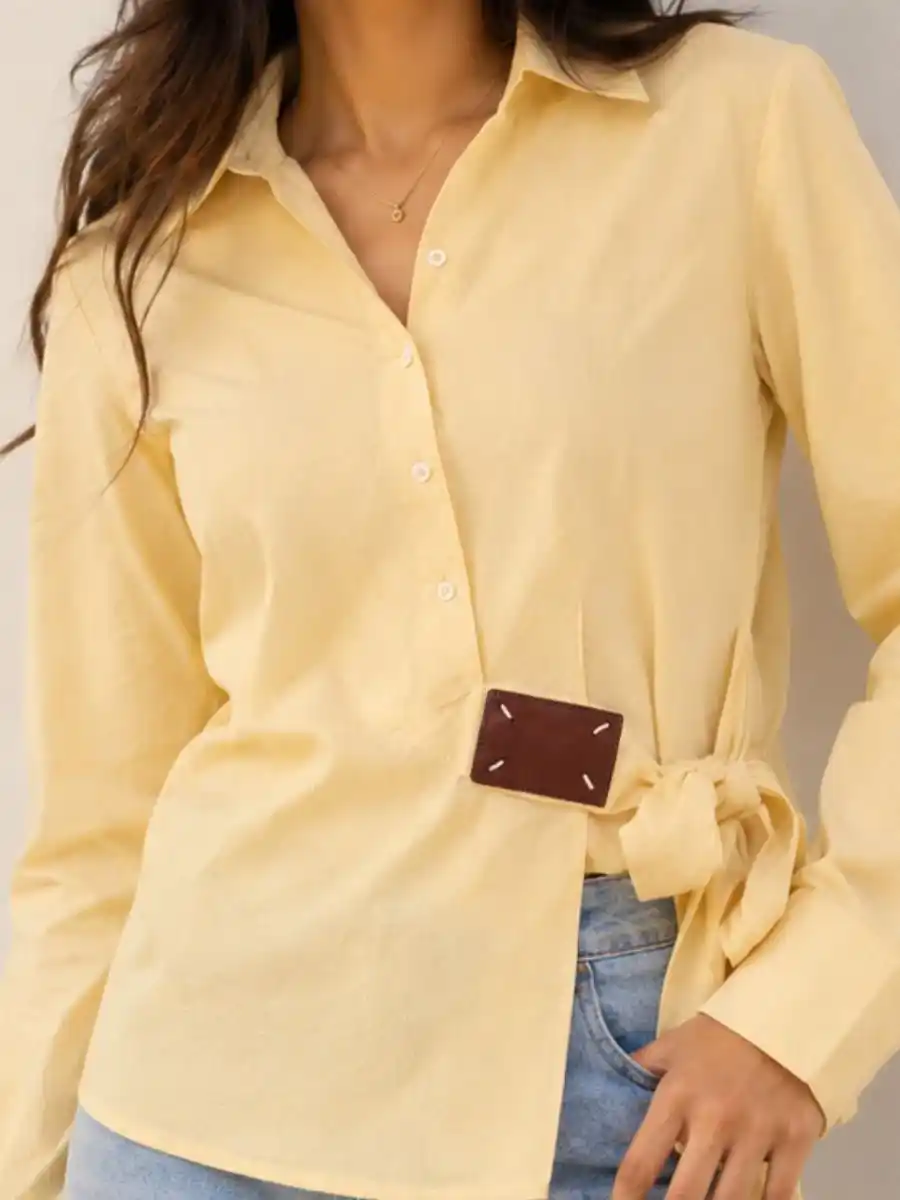 Classic Yellow Cotton Long-Sleeve Shirt with Side Tie Detail