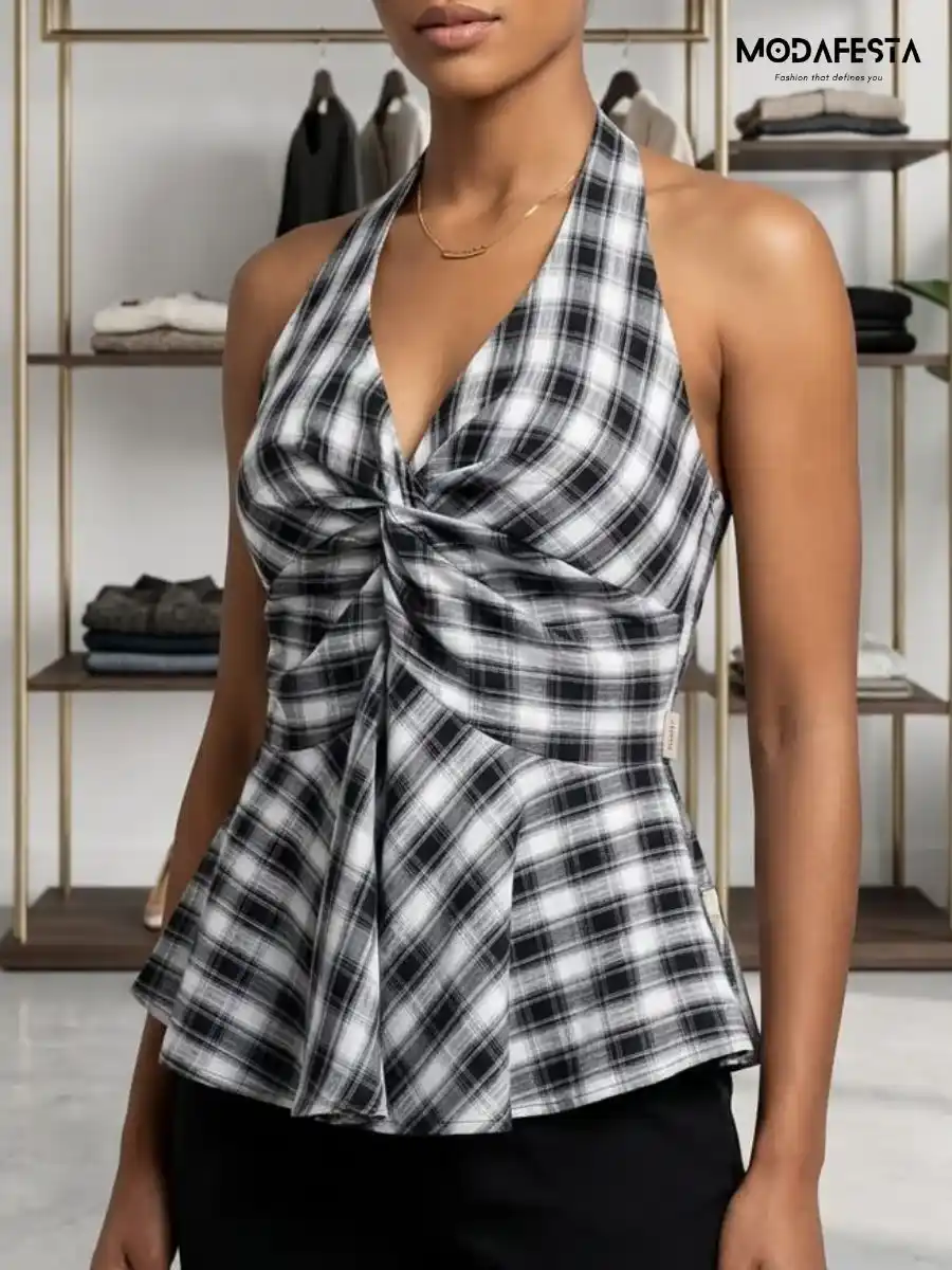 Classy Style Chex Halter Neck Top