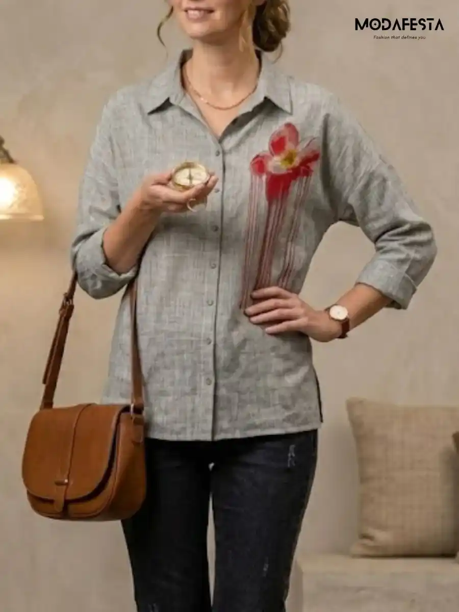 ModaFesta -classy-graphic-floral-long-shirt-grey