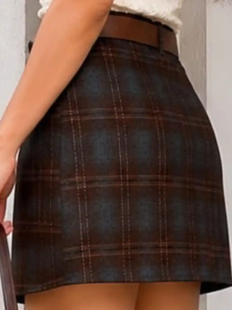 ModaFesta -brown-plaid-wrap-mini-skirt-with-belt