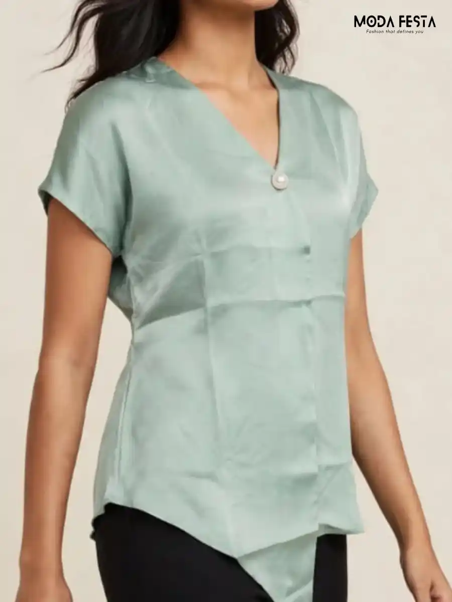 ModaFesta -sage-green-satin-v-neck-short-sleeve-asymmetric-top
