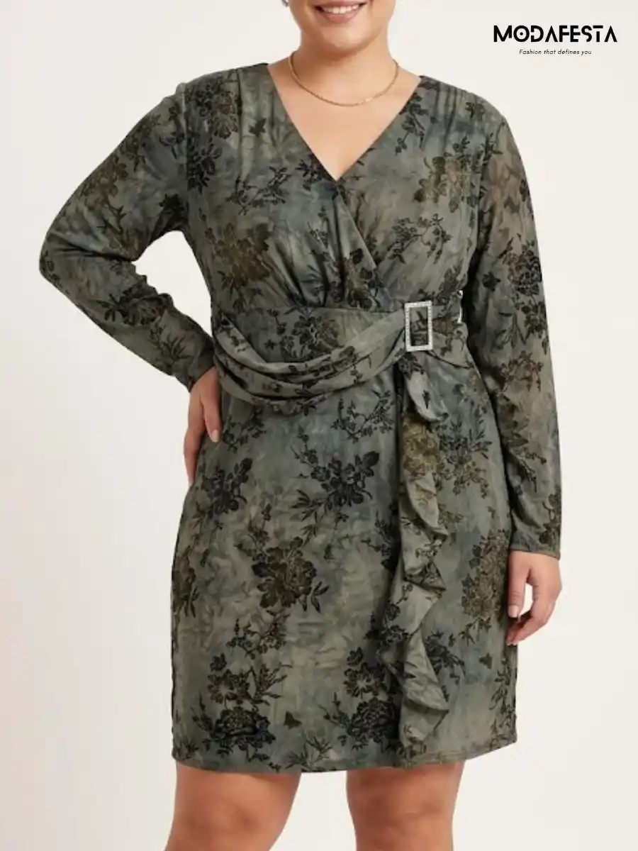 ModaFesta -elegant-floral-v-neck-velvet-short-dress-green