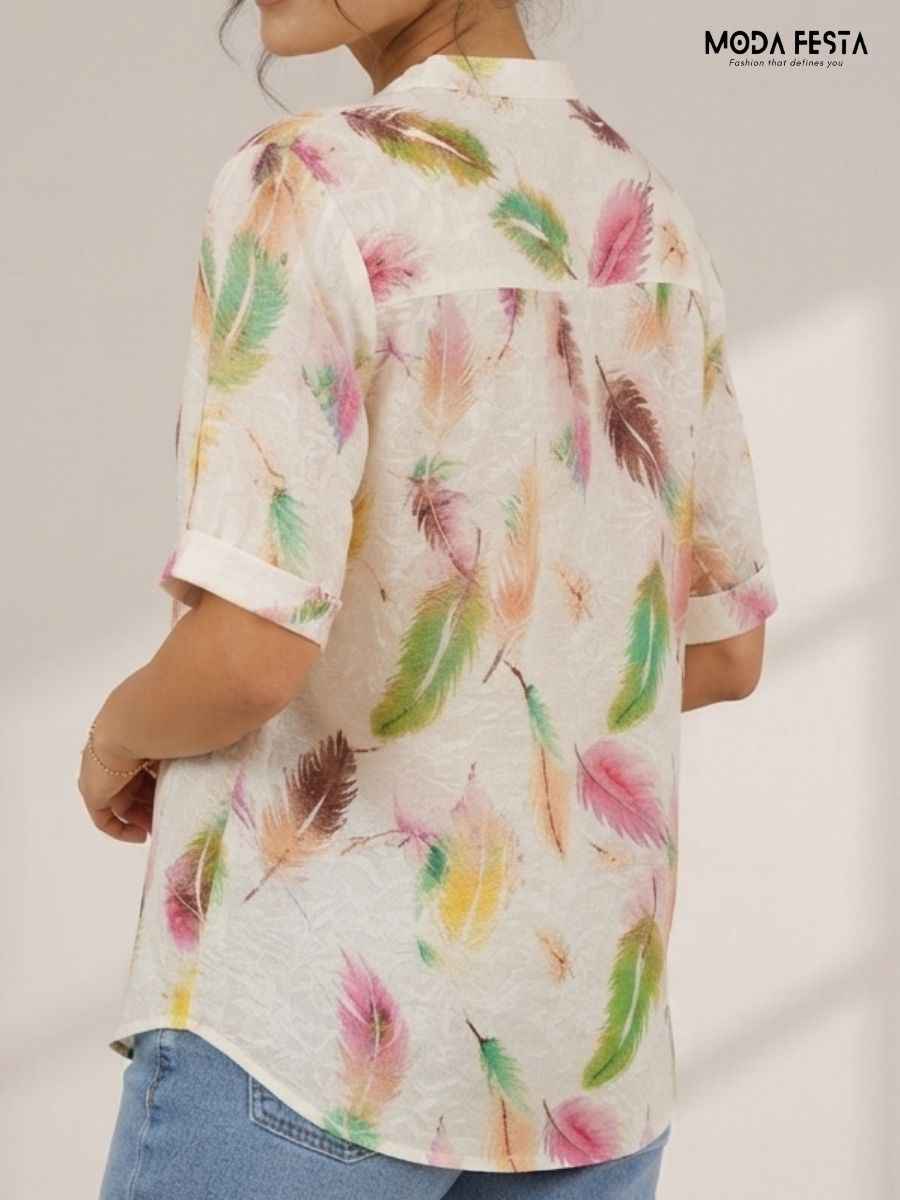ModaFesta -ivory-multi-feather-print-short-sleeve-top