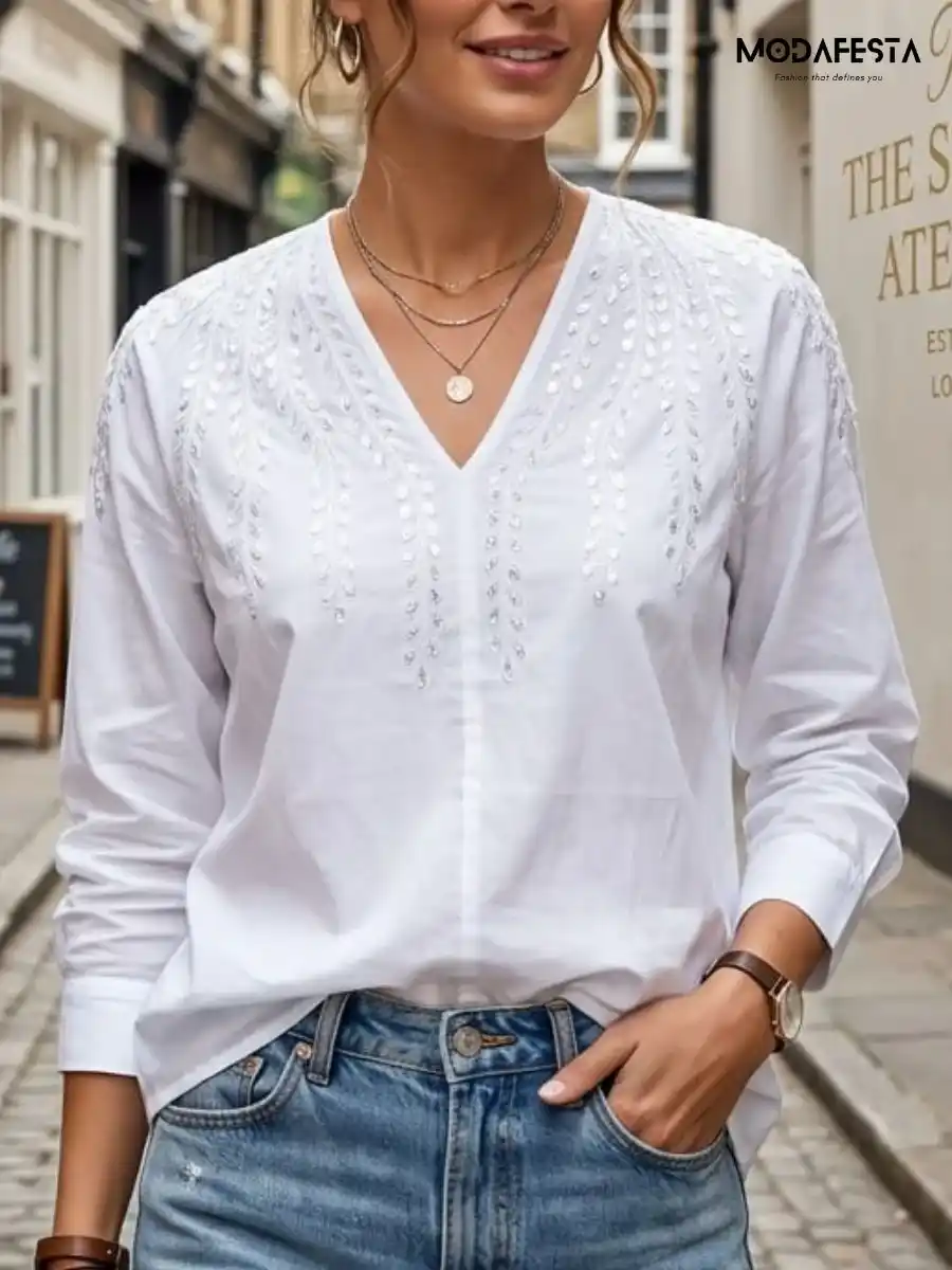 ModaFesta -elegant-embellished-v-neck-top-white