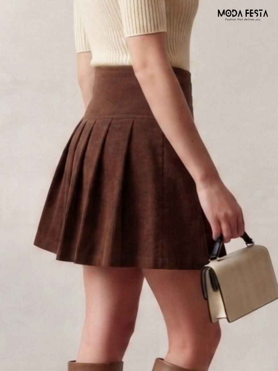 ModaFesta -brown-corduroy-pleated-mini-skirt-with-buckle-detail