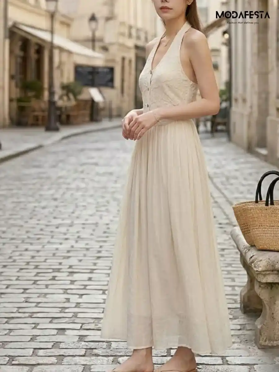 ModaFesta -elegant-floral-lace-halter-neck-maxi-dress-beige