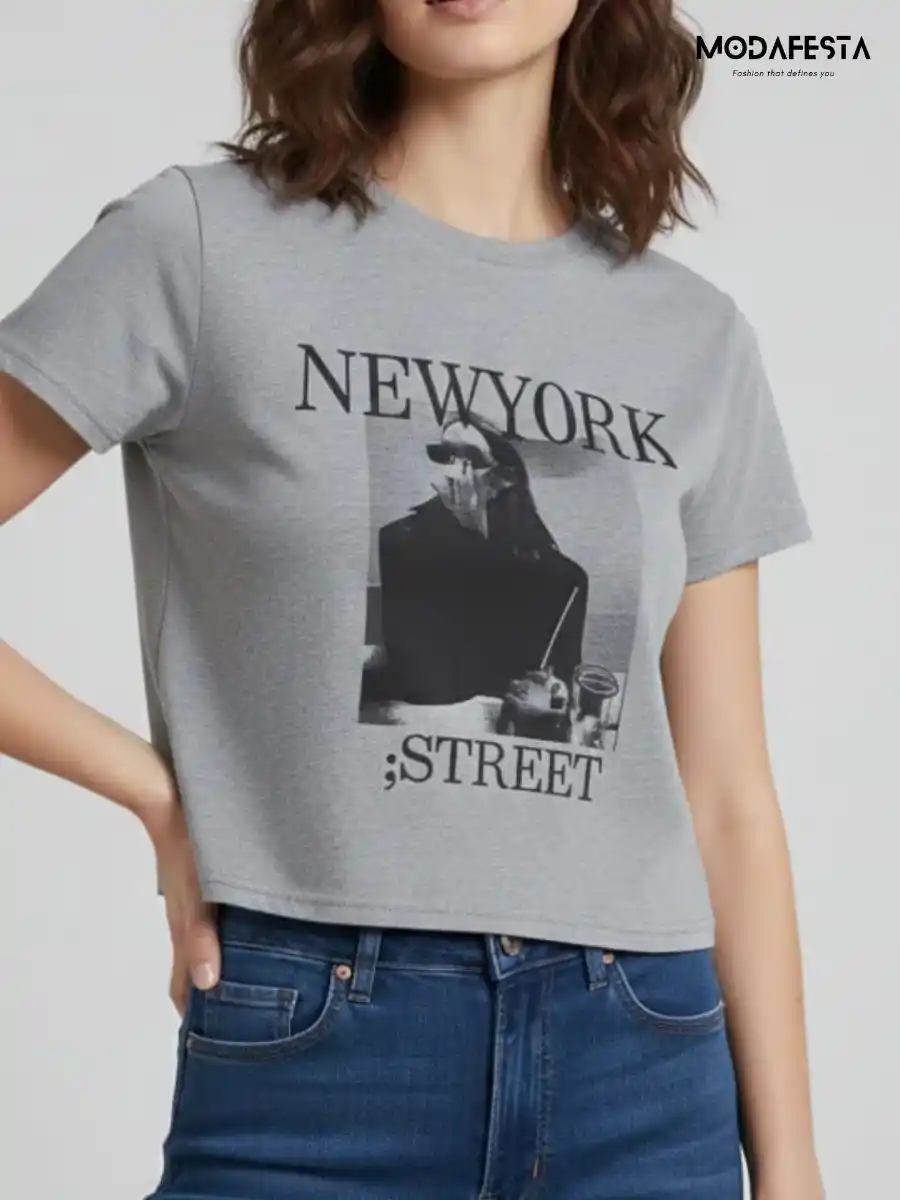 ModaFesta -classy-grey-new-york-print-crop-t-shirt