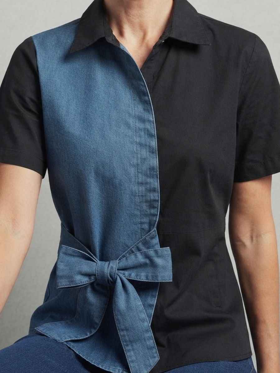 ModaFesta -black-denim-blue-split-design-front-bow-top