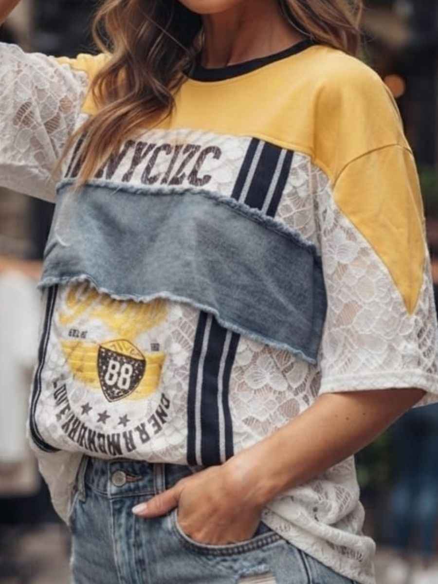 ModaFesta -yellow-patchwork-graphic-lace-denim-t-shirt
