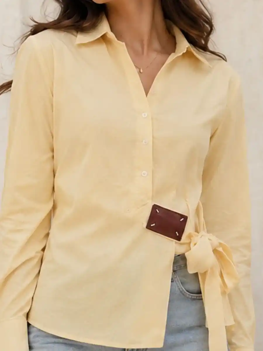 ModaFesta -classic-yellow-cotton-long-sleeve-shirt-with-side-tie