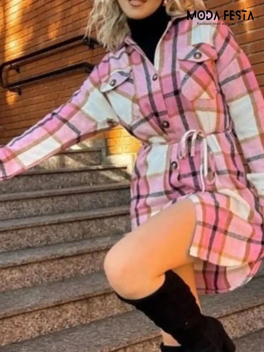 ModaFesta -elegant-chex-overcoat-jacket-pink