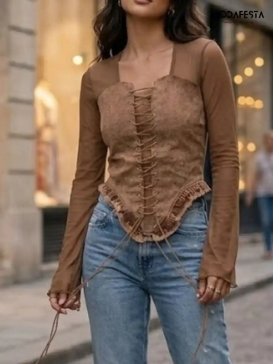 ModaFesta -lace-up-denim-corset-mesh-top-brown