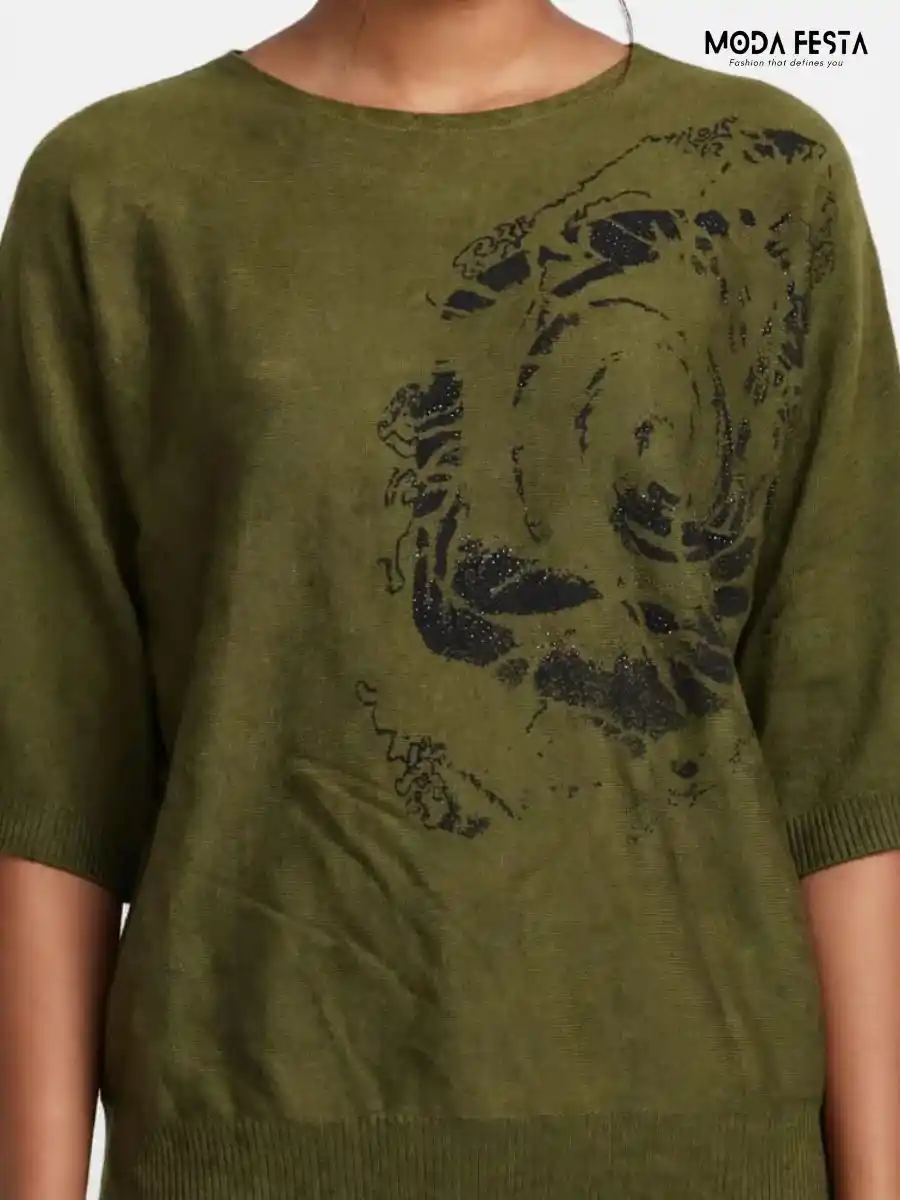 Olive Green Printed Knit Top
