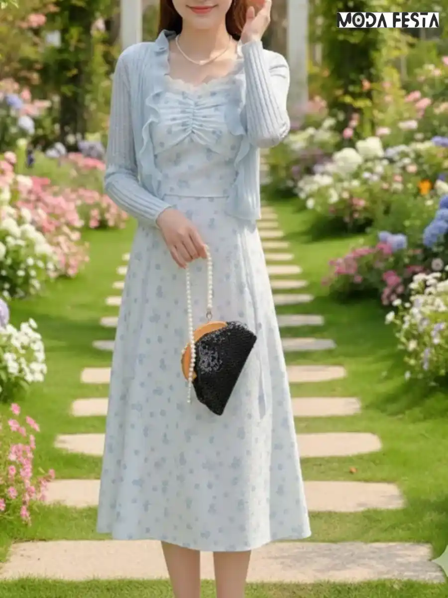 ModaFesta -elegant-floral-print-dress-with-shrug-sky-blue
