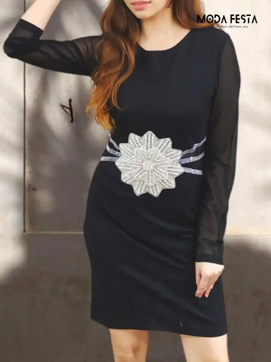 ModaFesta -diamond-flower-waist-cinched-black-party-wear-dress