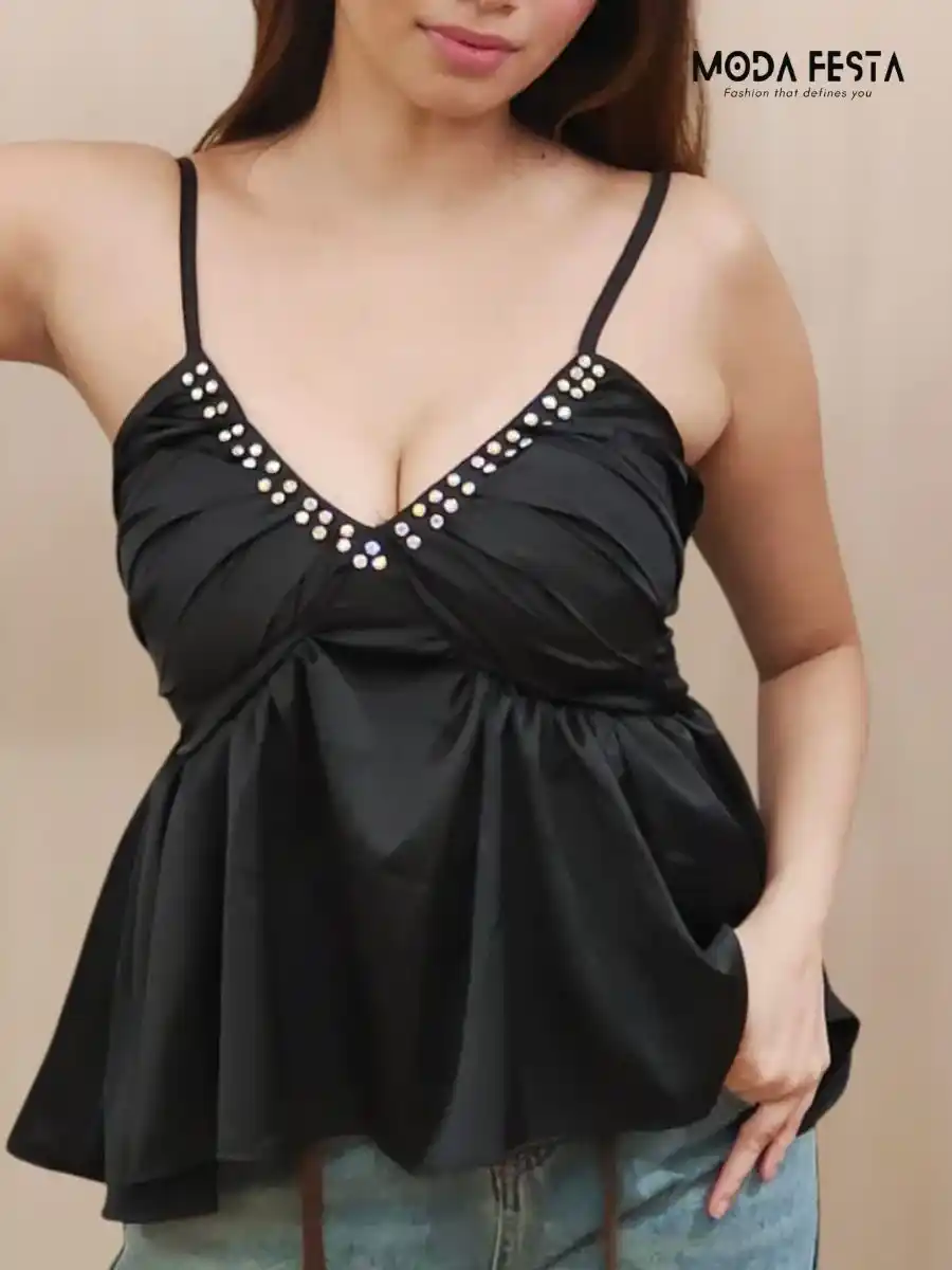 Embellished Black Satin Top