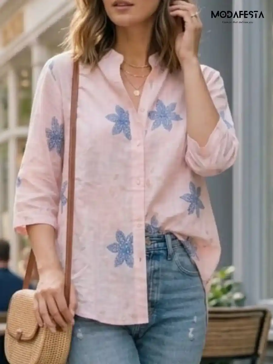 ModaFesta -v-neck-floral-embroidered-cotton-shirt-pink