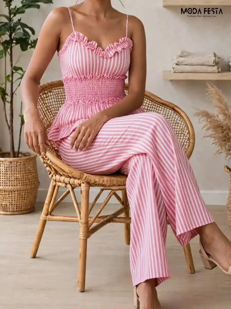 ModaFesta -peplum-top-striped-coord-set-peach