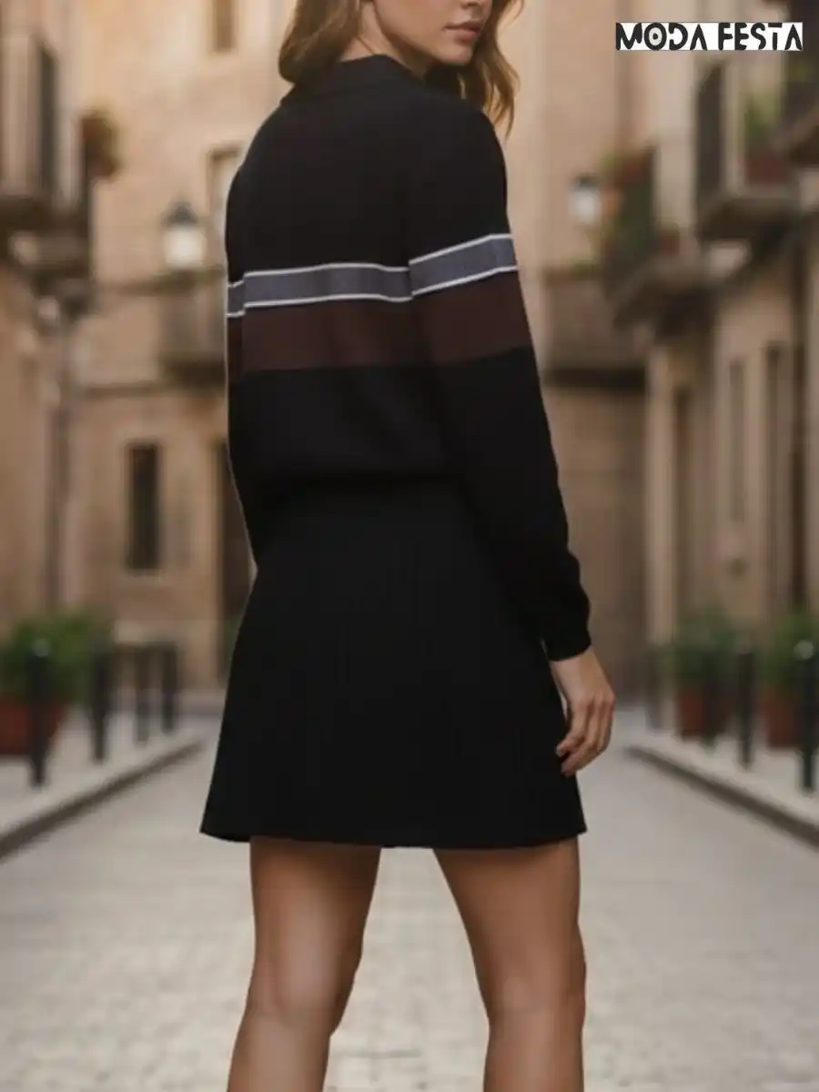 ModaFesta -stirped-polo-neck-skirt-coord-set-black