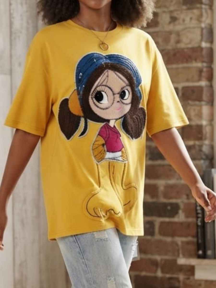 ModaFesta -yellow-casual-tshirt-with-cartoon-girl-graphic