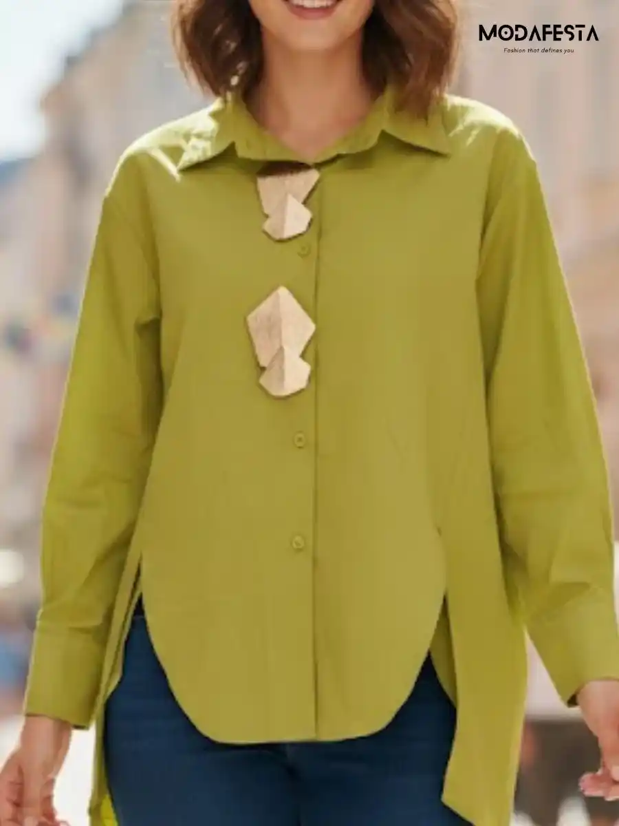 ModaFesta -elegant-high-low-hem-shirt-with-broach-green