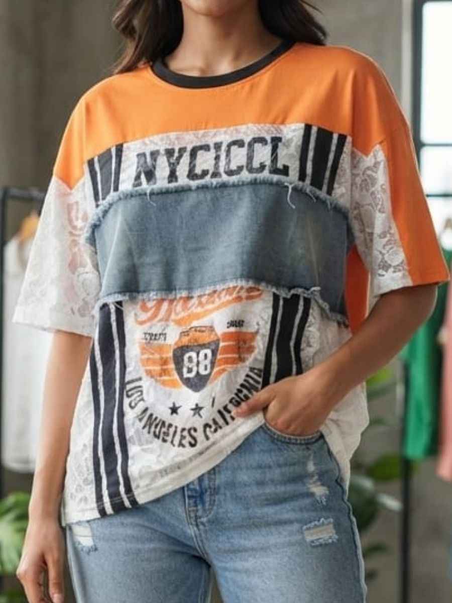ModaFesta -patchwork-graphic-lace-denim-t-shirt