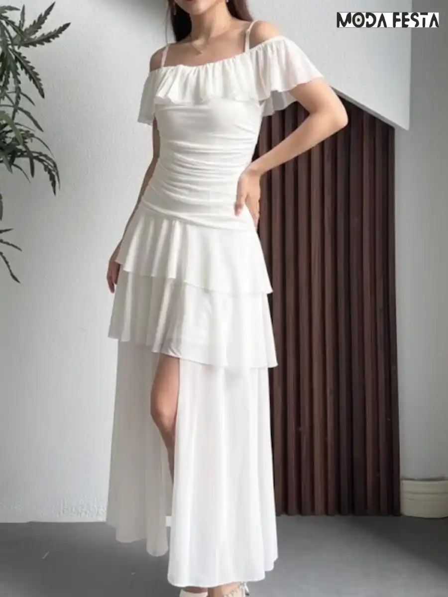 ModaFesta -elegant-spaghetti-strap-ruffle-dress-beige