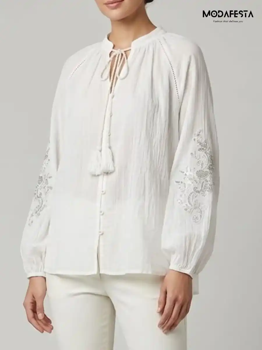 Elegant V Neck Top Embroidered Work On Sleeve