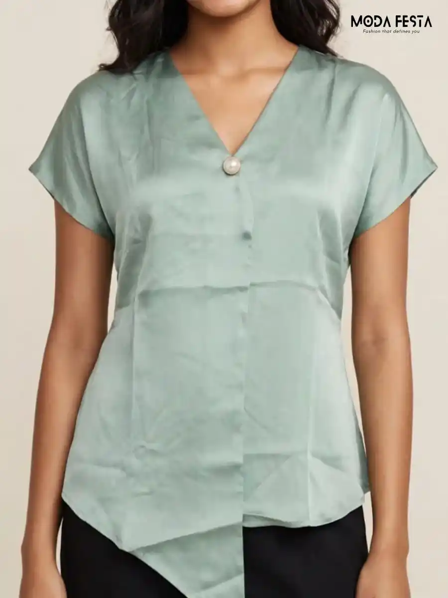 Sage Green Satin V-Neck Short Sleeve Asymmetric Top