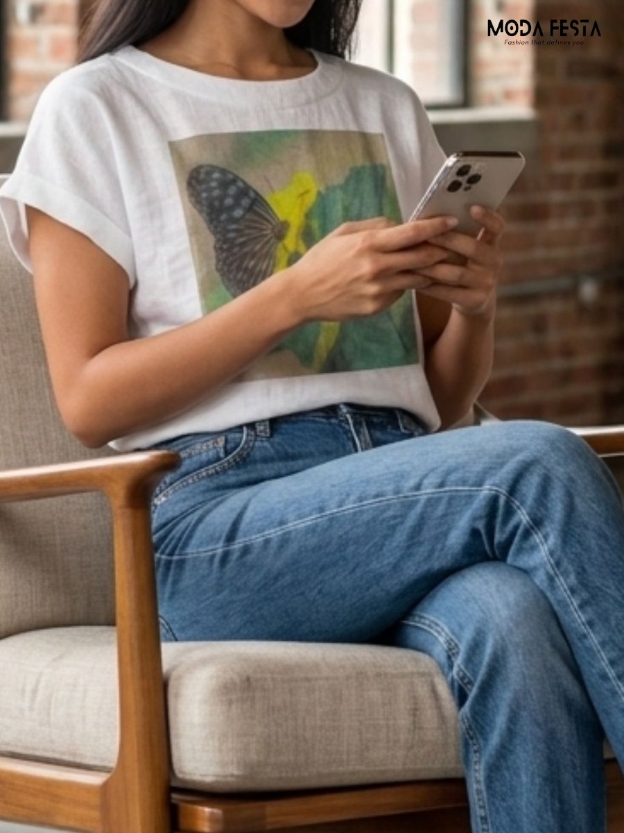 ModaFesta -butterfly-graphic-cotton-linen-t-Shirt