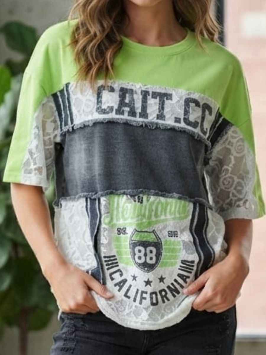 Green Patchwork Graphic T-Shirt with Lace and Denim Detail