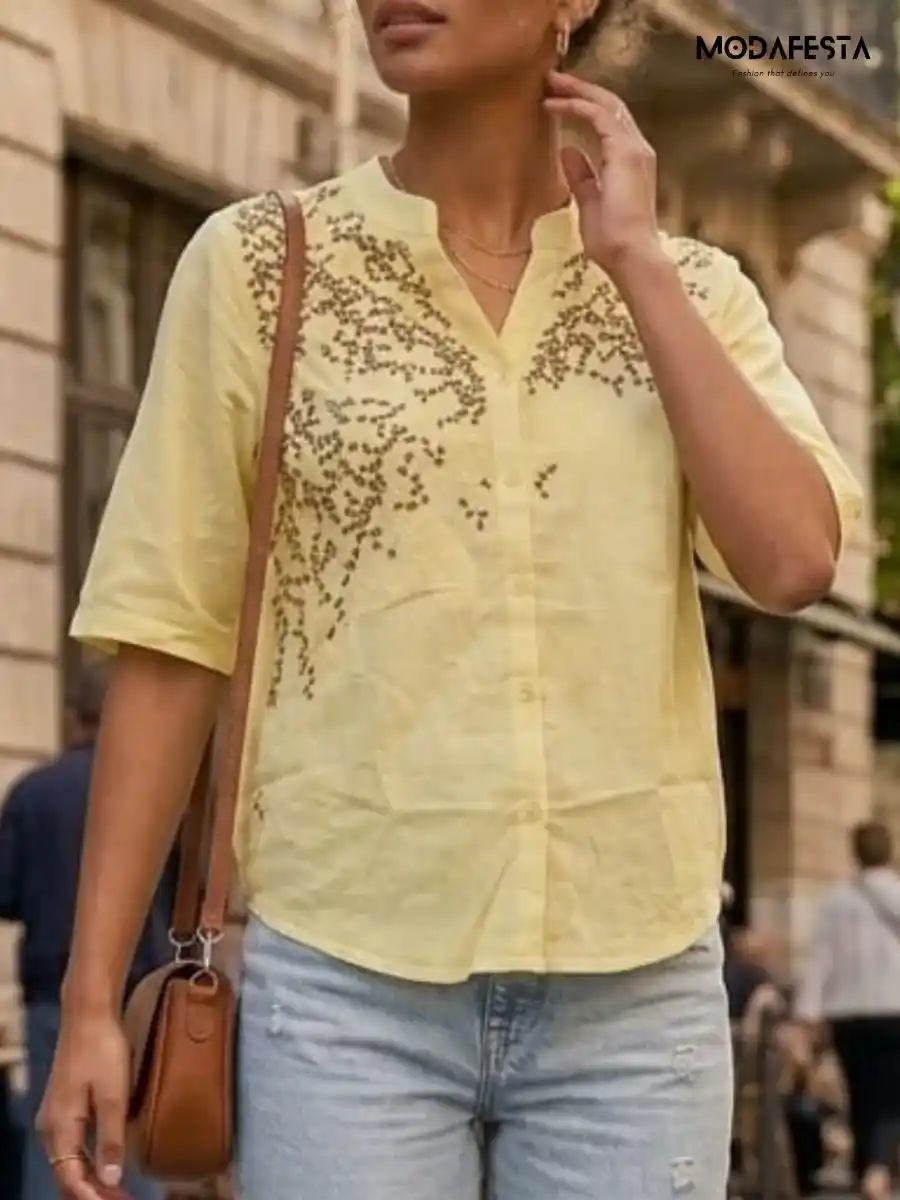 ModaFesta -elegant-style-floral-embroidered-v-neck-shirt-yellow