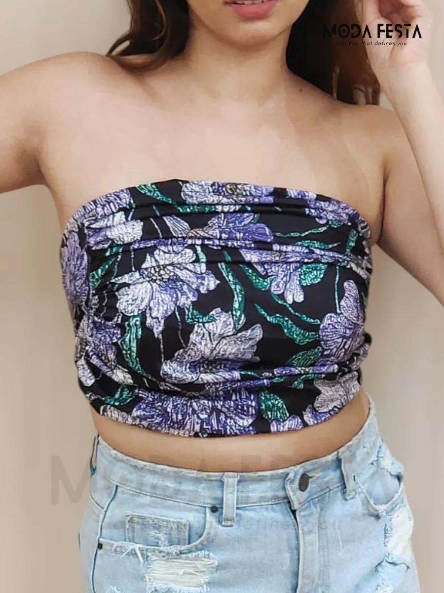 ModaFesta -stylish-floral-print-tube-top-black