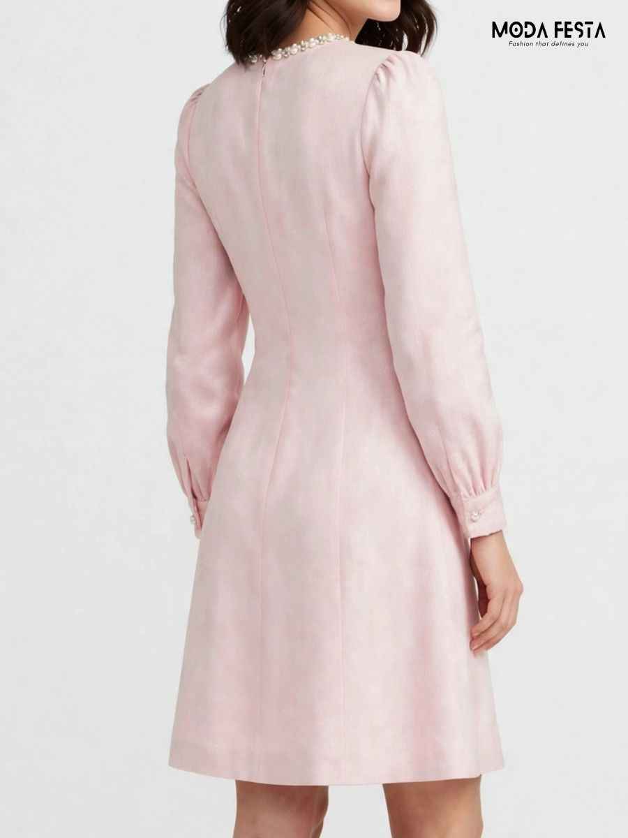 ModaFesta -pearl-collar-long-sleeve-pink-mini-dress