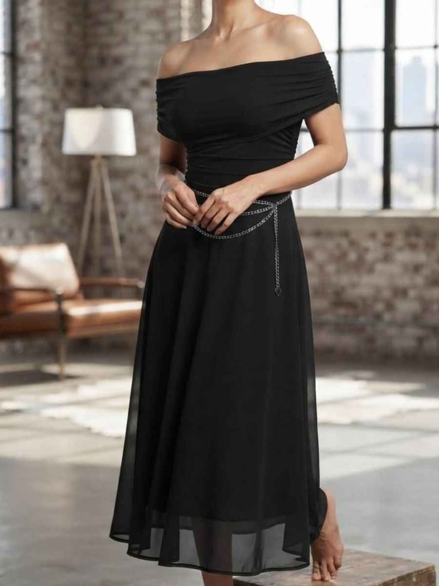 ModaFesta -off-shoulder-black-midi-dress-with-silver-chain-belt