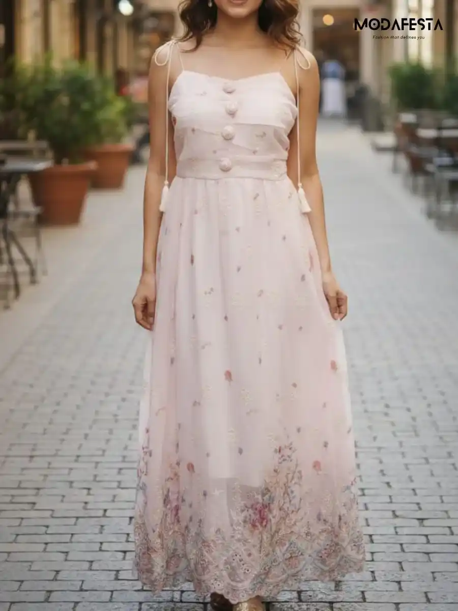 ModaFesta -elegant-floral-print-chiffon-spagati-dress-peach