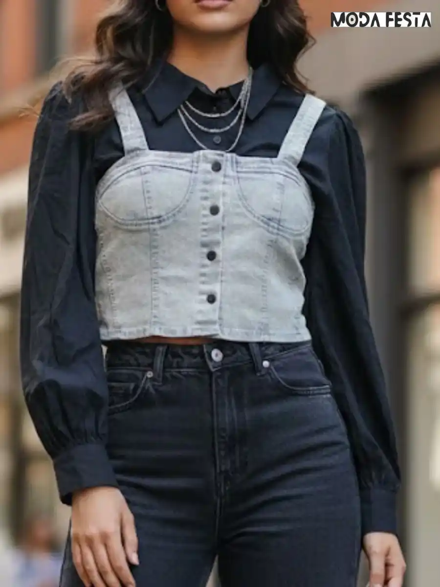 Black Shirt & Denim Bustier