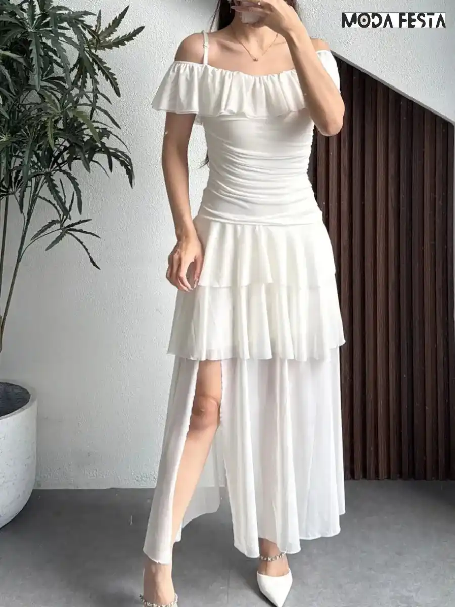 ModaFesta -elegant-spaghetti-strap-ruffle-dress-beige