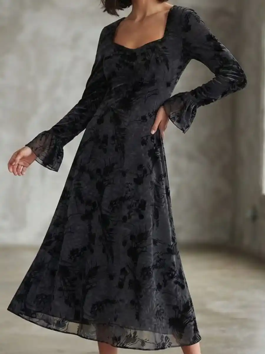 Ethereal Black Floral Devore Midi Dress