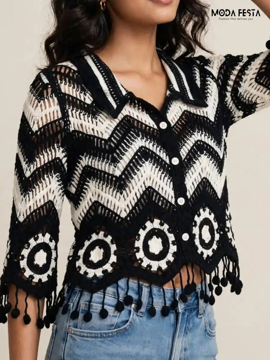 ModaFesta -black-white-crochet-fringe-top