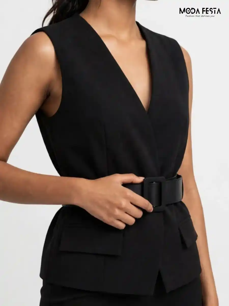 ModaFesta -elegant-black-v-neck-belted-peplum-top