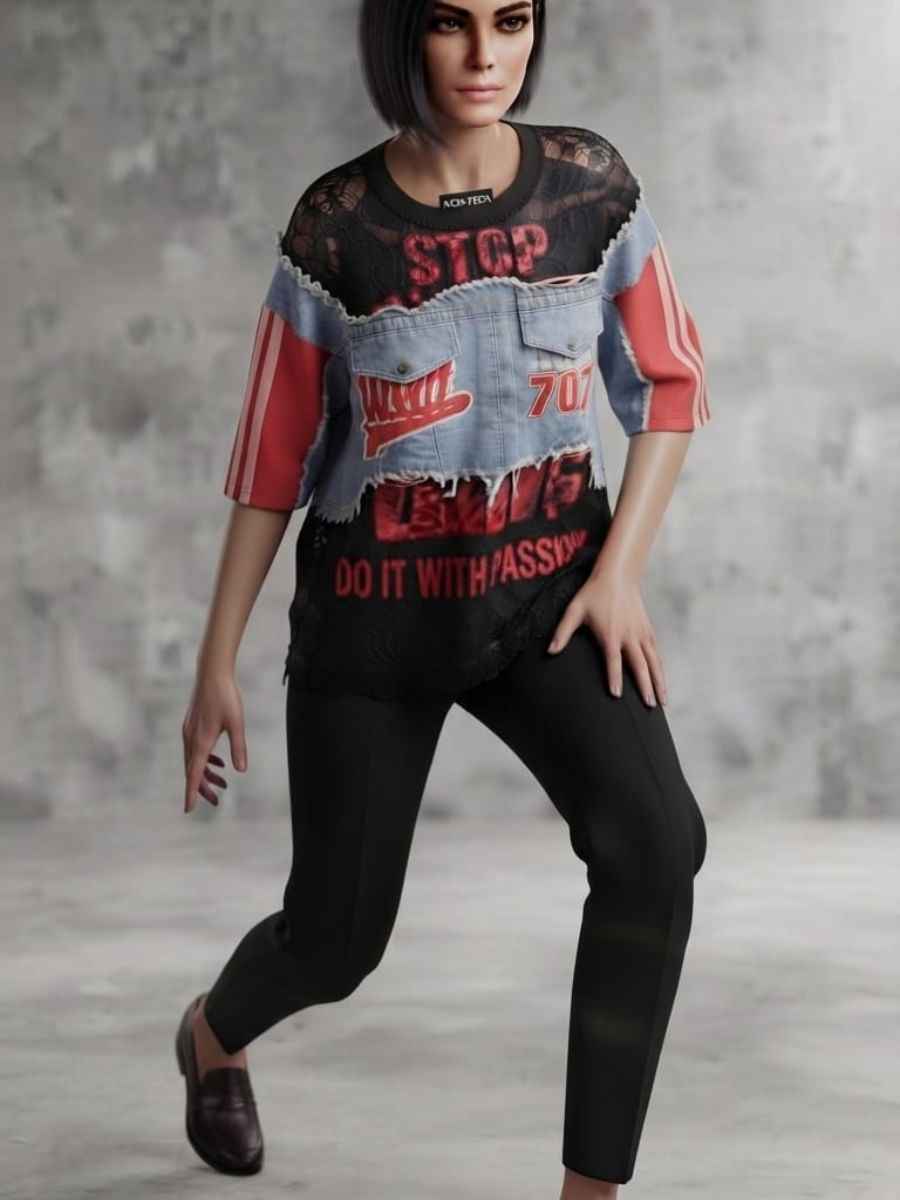 ModaFesta -red-black-patchwork-denim-lace-statement-top