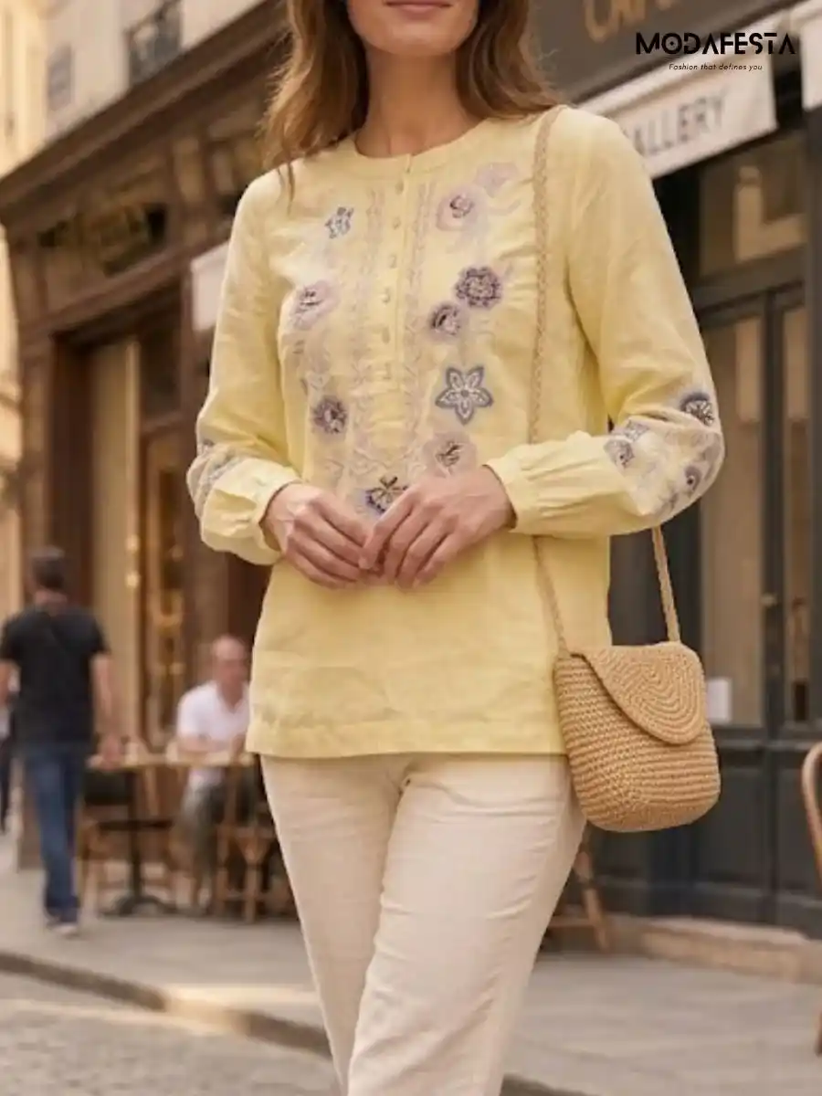ModaFesta -elegant-floral-linen-kurti-style-top-yellow