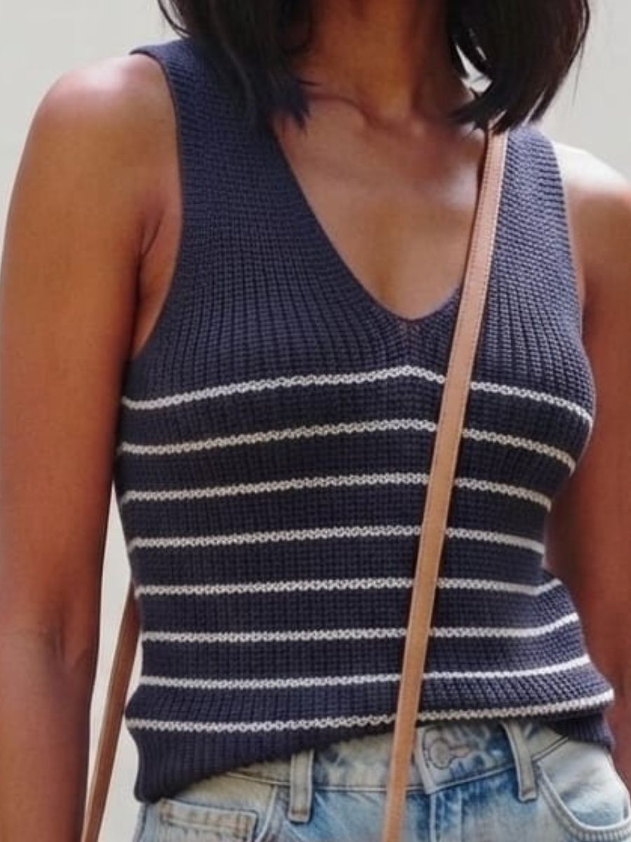 ModaFesta -black-striped-ribbed-knit-twist-back-tank-top